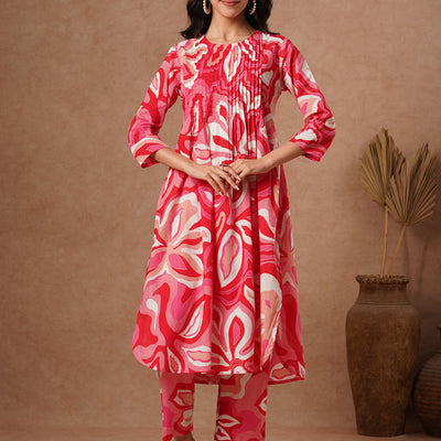 Abstract Printed A-Line Pin Tucked Co-ord Set - Pink