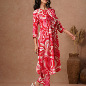 Abstract Printed A-Line Pin Tucked Co-ord Set - Pink