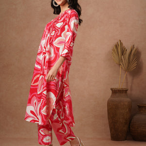 Abstract Printed A-Line Pin Tucked Co-ord Set - Pink