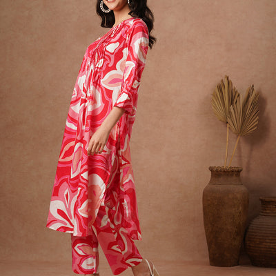 Abstract Printed A-Line Pin Tucked Co-ord Set - Pink