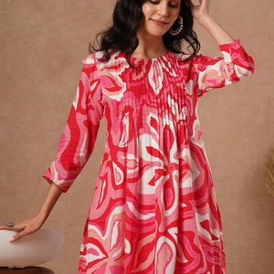 Abstract Printed A-Line Pin Tucked Co-ord Set - Pink