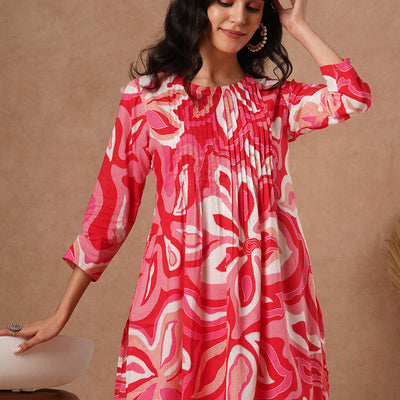 Abstract Printed A-Line Pin Tucked Co-ord Set - Pink