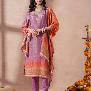 Ethnic Printed & Embroidered Straight Tissue Kurta with Pant and Dupatta - Purple
