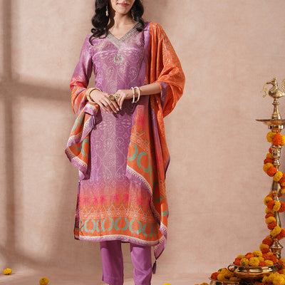 Ethnic Printed & Embroidered Straight Tissue Kurta with Pant and Dupatta - Purple