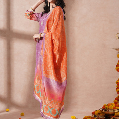 Ethnic Printed & Embroidered Straight Tissue Kurta with Pant and Dupatta - Purple