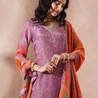 Ethnic Printed & Embroidered Straight Tissue Kurta with Pant and Dupatta - Purple