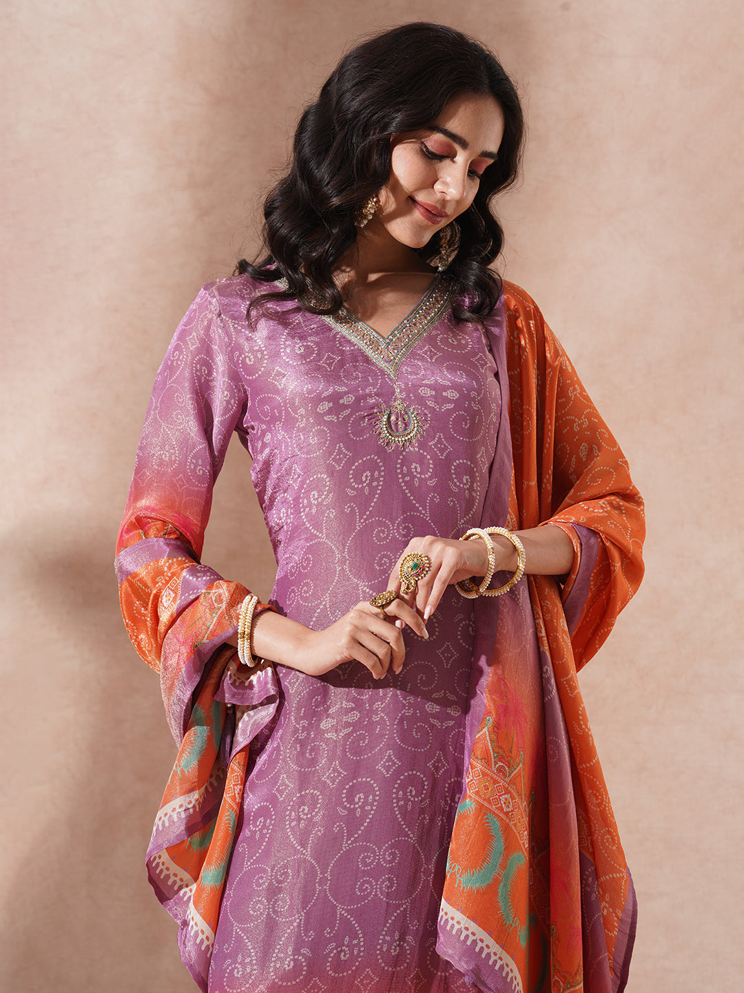 Ethnic Printed & Embroidered Straight Tissue Kurta with Pant and Dupatta - Purple