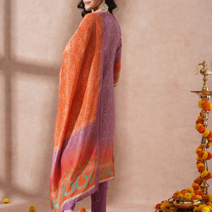 Ethnic Printed & Embroidered Straight Tissue Kurta with Pant and Dupatta - Purple