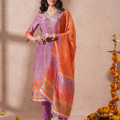 Ethnic Printed & Embroidered Straight Tissue Kurta with Pant and Dupatta - Purple