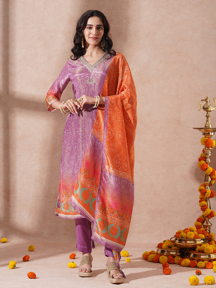 Ethnic Printed & Embroidered Straight Tissue Kurta with Pant and Dupatta - Purple