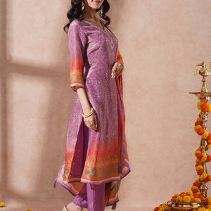 Ethnic Printed & Embroidered Straight Tissue Kurta with Pant and Dupatta - Purple