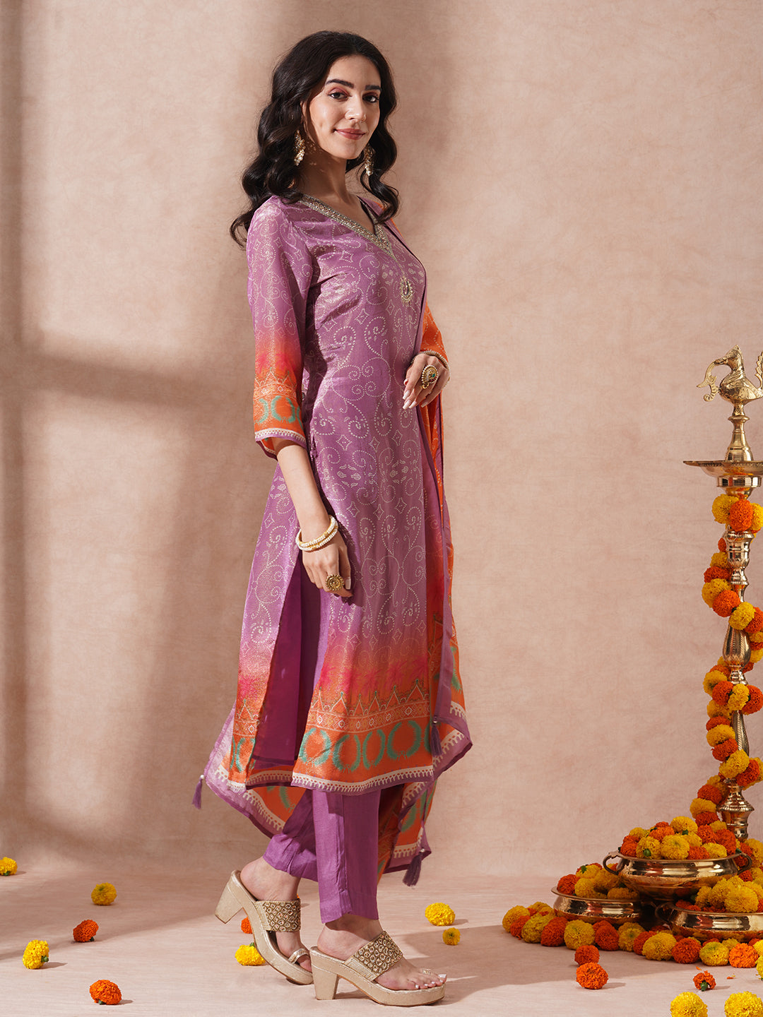 Ethnic Printed & Embroidered Straight Tissue Kurta with Pant and Dupatta - Purple