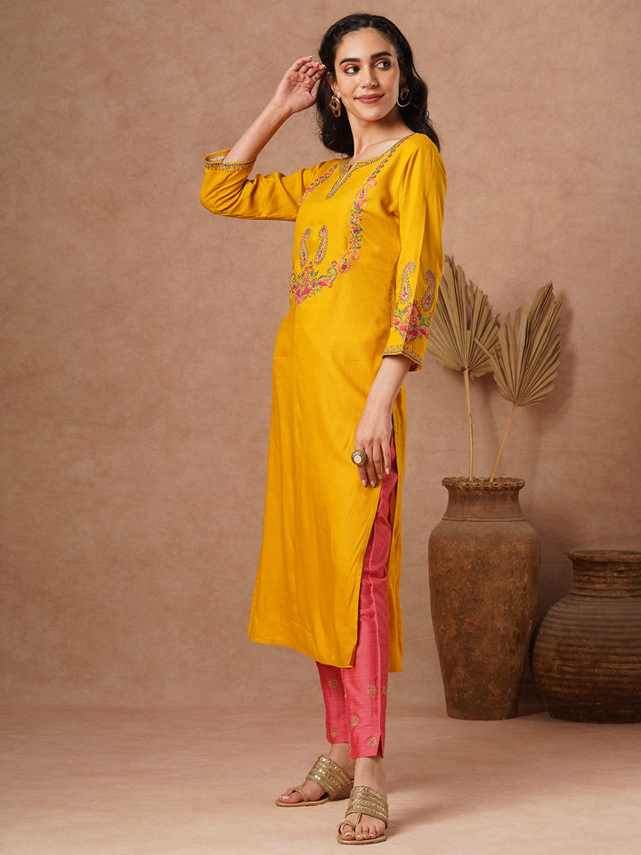 Ethnic Embroidered Straight Fit Kurta - Yellow