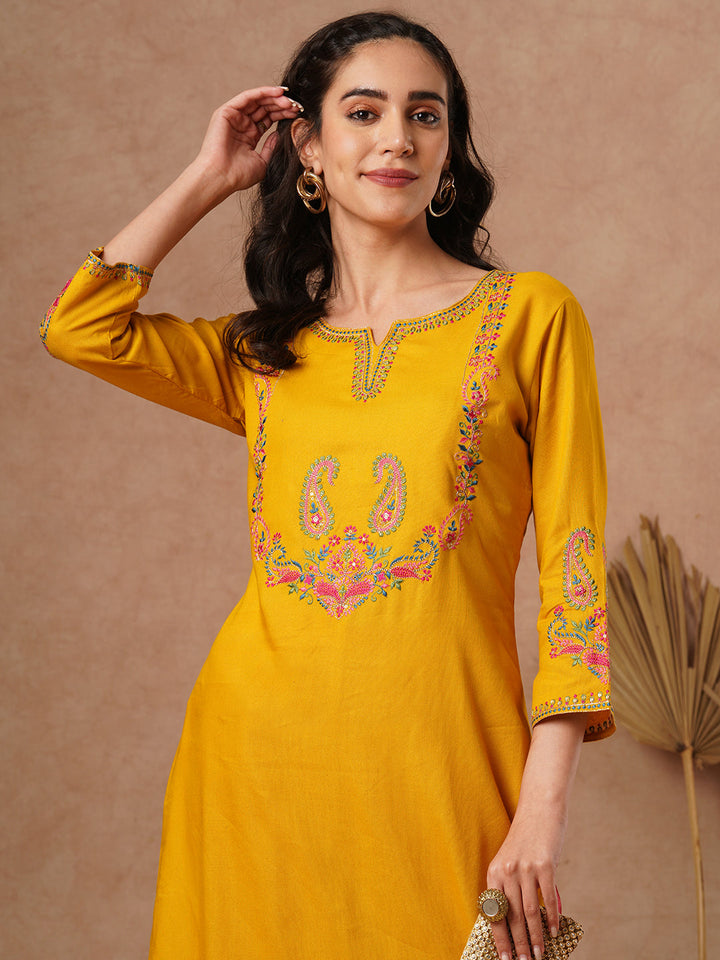 Ethnic Embroidered Straight Fit Kurta - Yellow