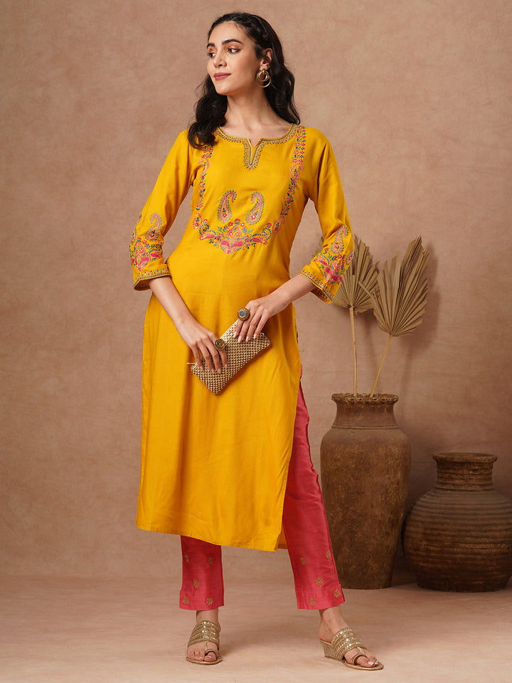 Ethnic Embroidered Straight Fit Kurta - Yellow