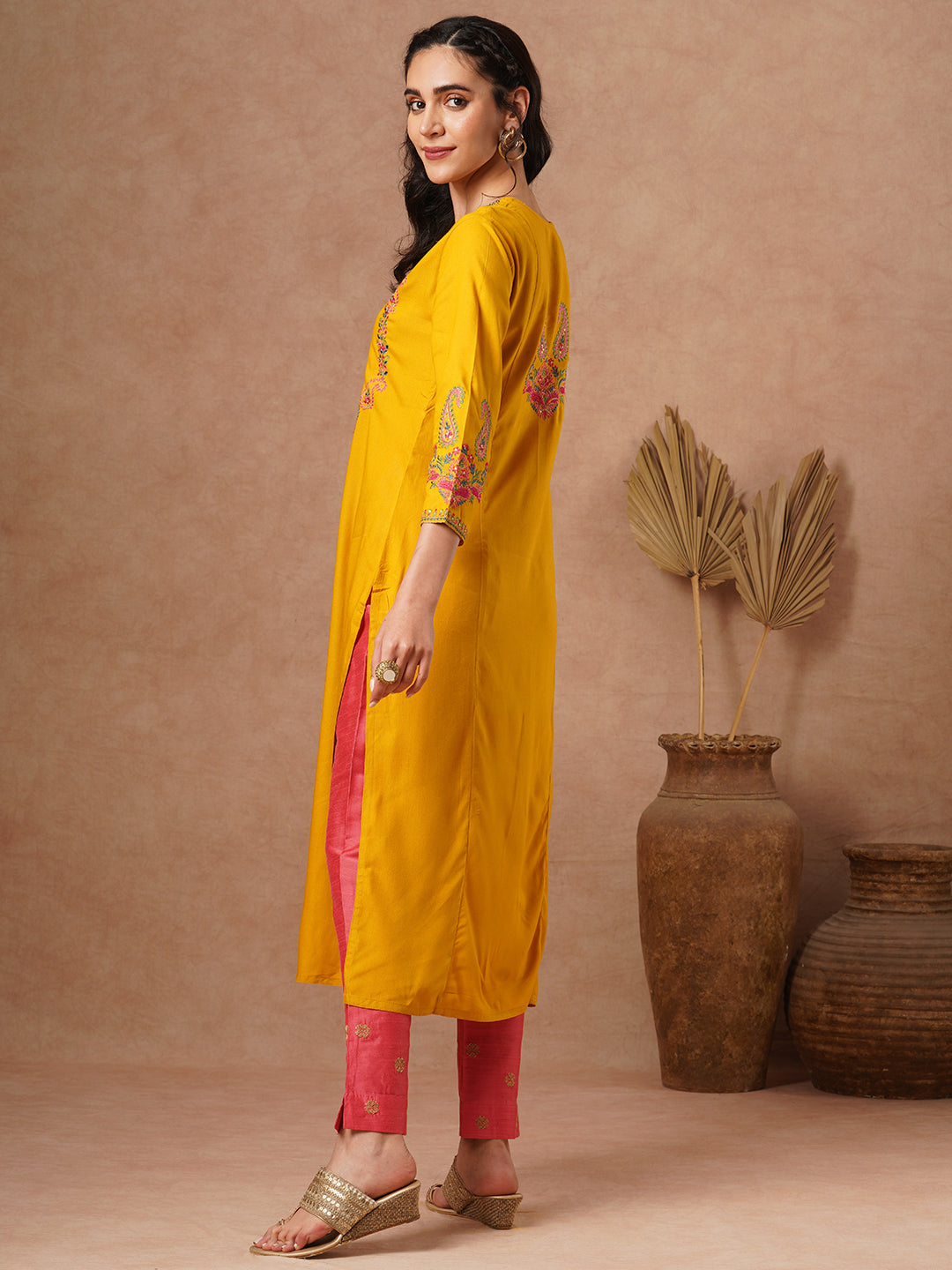 Ethnic Embroidered Straight Fit Kurta - Yellow