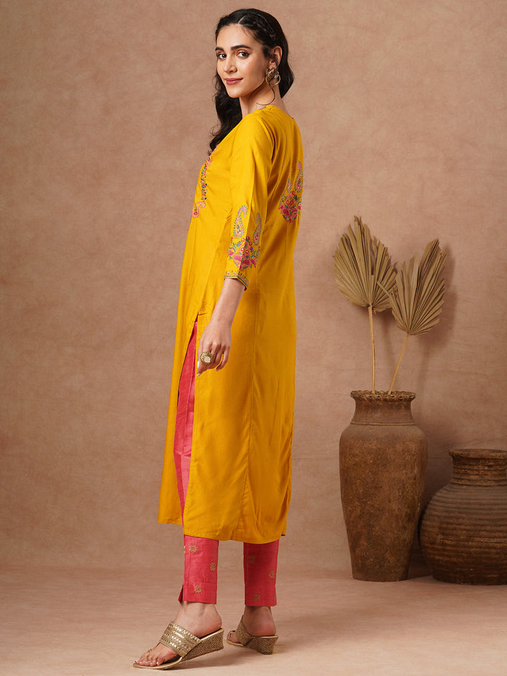 Ethnic Embroidered Straight Fit Kurta - Yellow