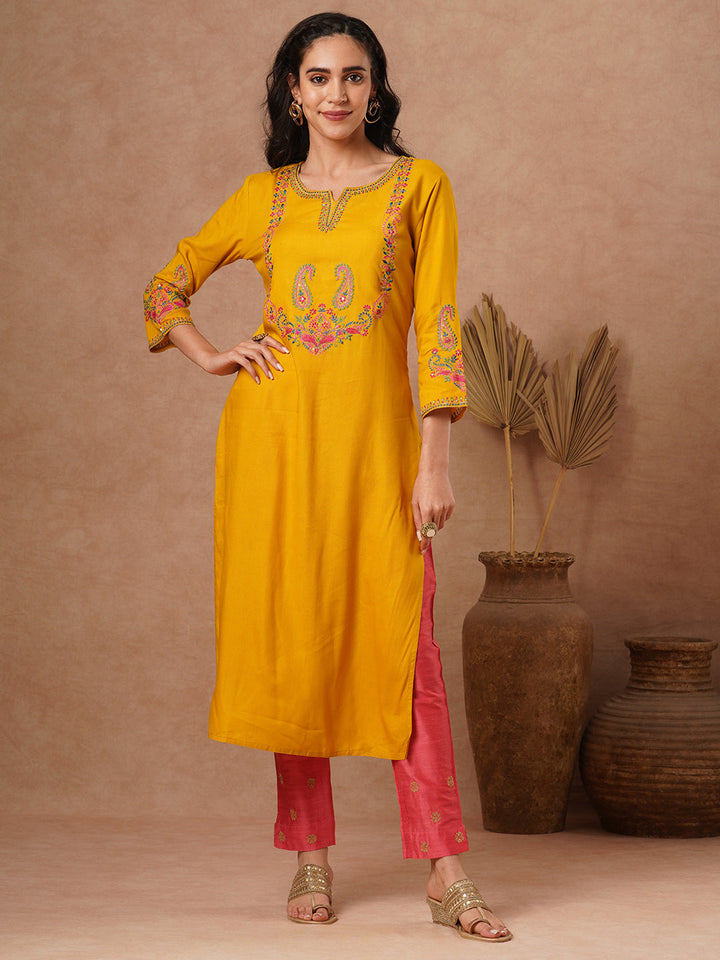 Ethnic Embroidered Straight Fit Kurta - Yellow