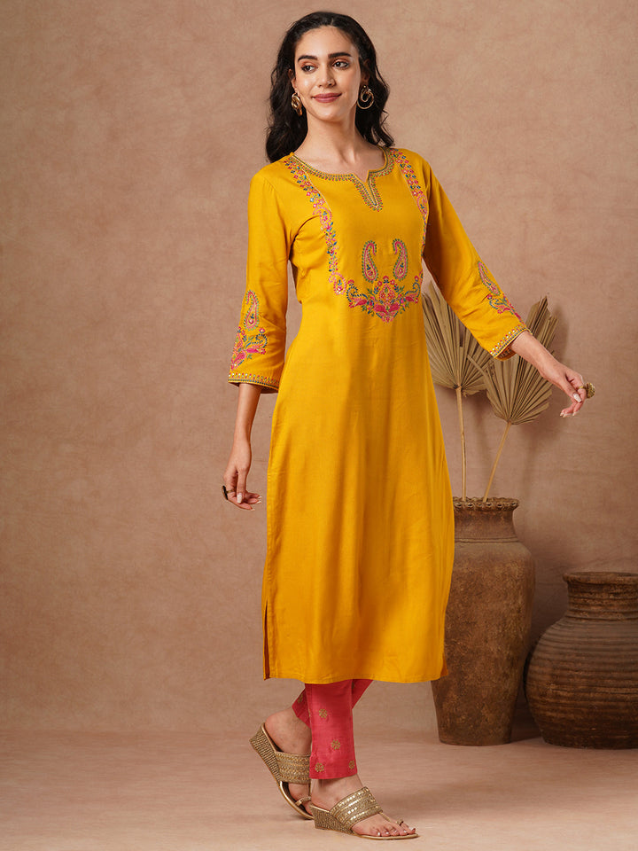 Ethnic Embroidered Straight Fit Kurta - Yellow