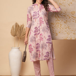 Ethnic Floral Printed Embroidered Straight Fit Kurta with Pant - Pink