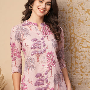 Ethnic Floral Printed Embroidered Straight Fit Kurta with Pant - Pink