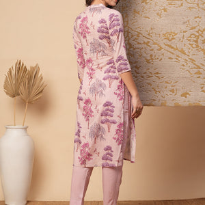 Ethnic Floral Printed Embroidered Straight Fit Kurta with Pant - Pink