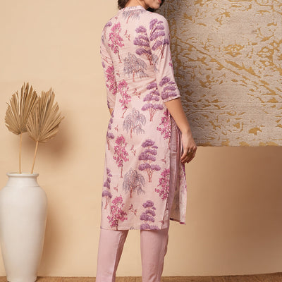 Ethnic Floral Printed Embroidered Straight Fit Kurta with Pant - Pink