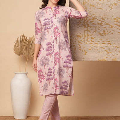 Ethnic Floral Printed Embroidered Straight Fit Kurta with Pant - Pink