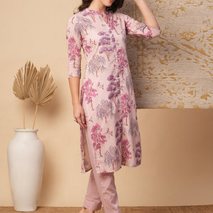 Ethnic Floral Printed Embroidered Straight Fit Kurta with Pant - Pink