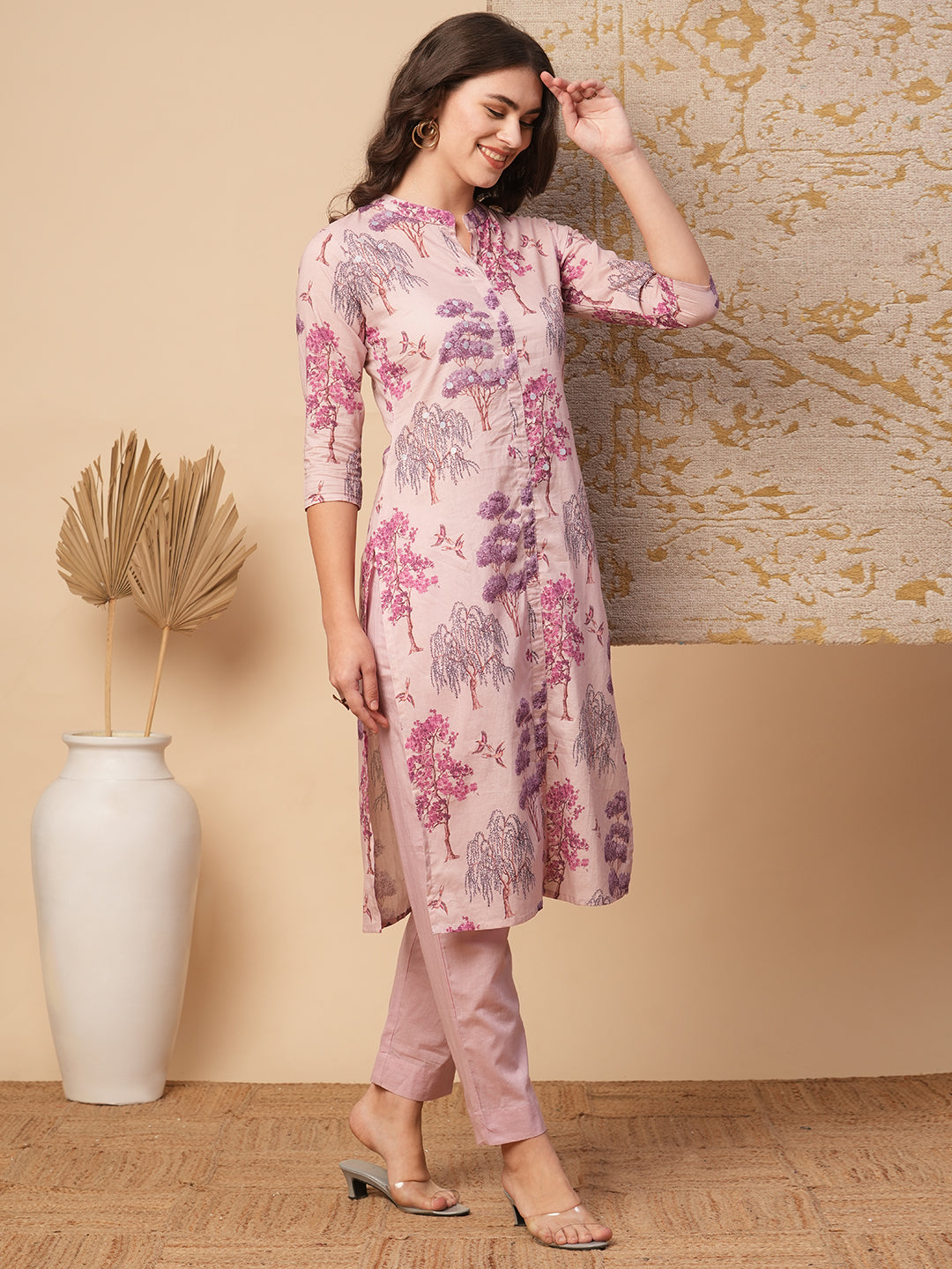 Ethnic Floral Printed Embroidered Straight Fit Kurta with Pant - Pink