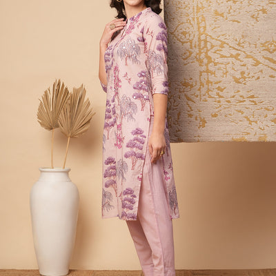 Ethnic Floral Printed Embroidered Straight Fit Kurta with Pant - Pink