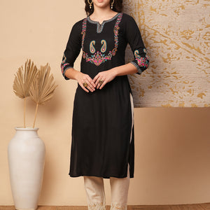 Solid Ethnic Embroidered Straight Fit Kurta - Black
