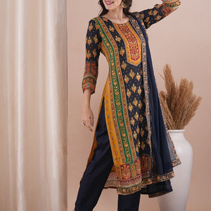 Ethnic Printed & Embroidered Straight Fit Kurta with Pant and Dupatta - Multi