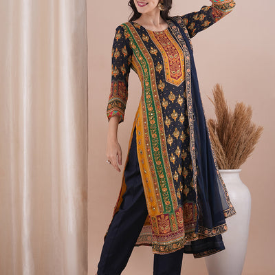 Ethnic Printed & Embroidered Straight Fit Kurta with Pant and Dupatta - Multi
