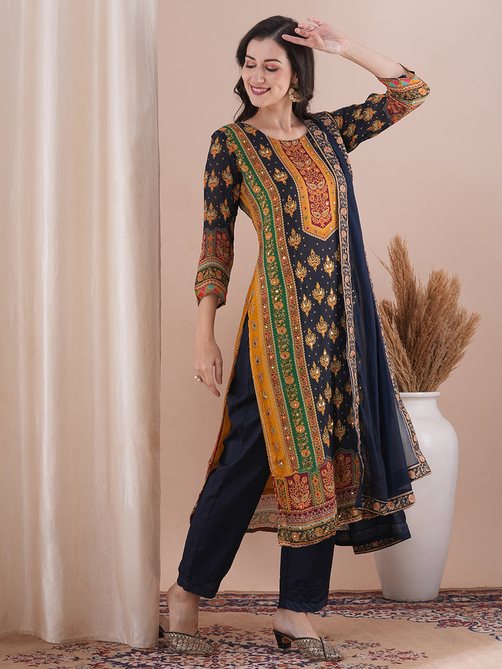 Ethnic Printed & Embroidered Straight Fit Kurta with Pant and Dupatta - Multi