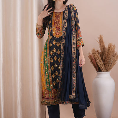 Ethnic Printed & Embroidered Straight Fit Kurta with Pant and Dupatta - Multi