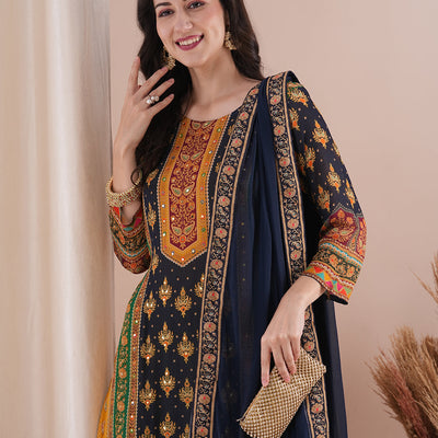 Ethnic Printed & Embroidered Straight Fit Kurta with Pant and Dupatta - Multi