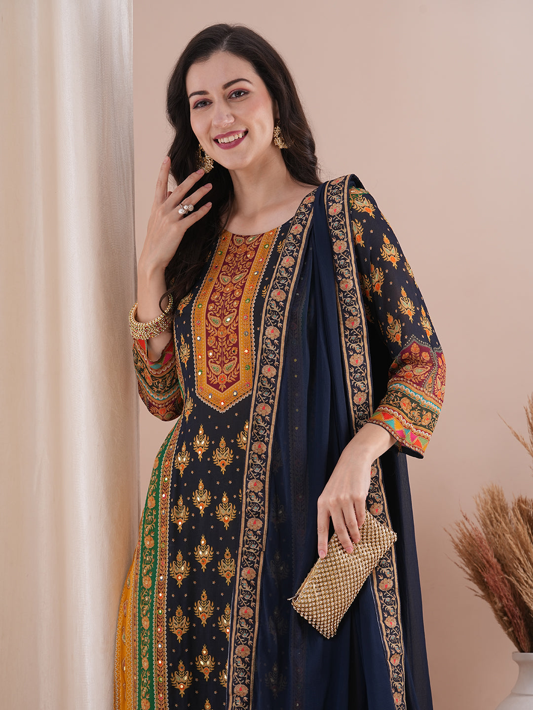 Ethnic Printed & Embroidered Straight Fit Kurta with Pant and Dupatta - Multi