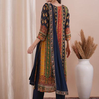 Ethnic Printed & Embroidered Straight Fit Kurta with Pant and Dupatta - Multi
