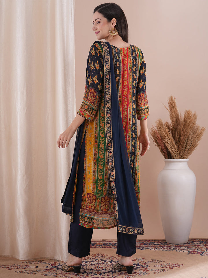 Ethnic Printed & Embroidered Straight Fit Kurta with Pant and Dupatta - Multi