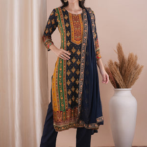 Ethnic Printed & Embroidered Straight Fit Kurta with Pant and Dupatta - Multi