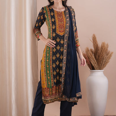 Ethnic Printed & Embroidered Straight Fit Kurta with Pant and Dupatta - Multi