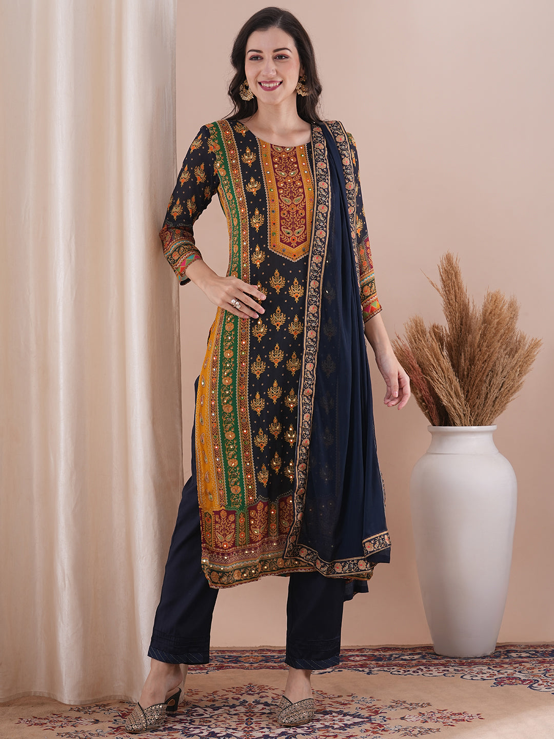 Ethnic Printed & Embroidered Straight Fit Kurta with Pant and Dupatta - Multi