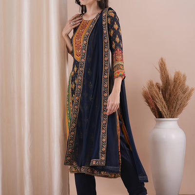 Ethnic Printed & Embroidered Straight Fit Kurta with Pant and Dupatta - Multi