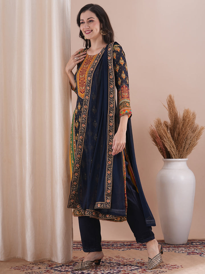 Ethnic Printed & Embroidered Straight Fit Kurta with Pant and Dupatta - Multi