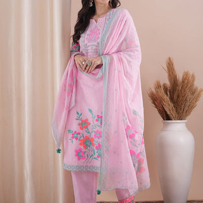 Ethnic Floral Printed Straight Fit Kurta with Pant and Dupatta - Pink