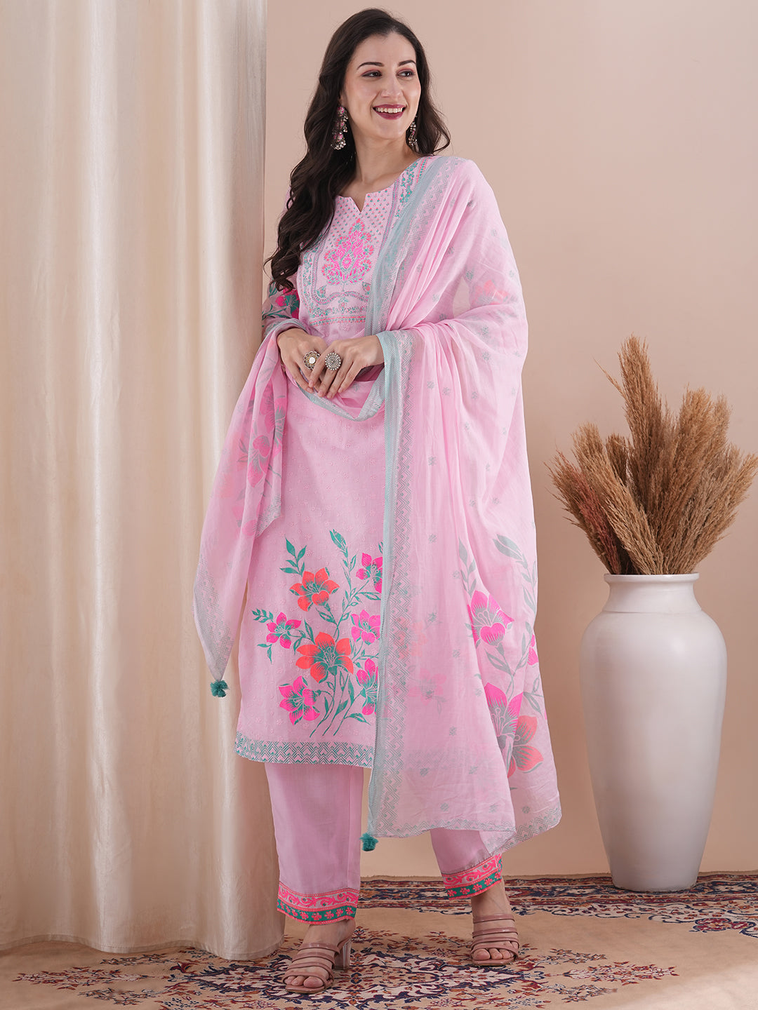 Ethnic Floral Printed Straight Fit Kurta with Pant and Dupatta - Pink