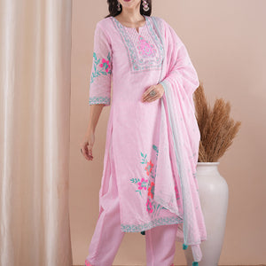 Ethnic Floral Printed Straight Fit Kurta with Pant and Dupatta - Pink