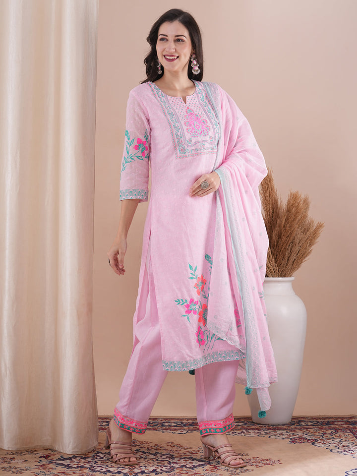 Ethnic Floral Printed Straight Fit Kurta with Pant and Dupatta - Pink