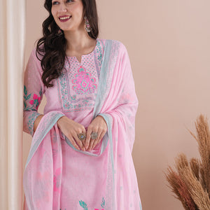 Ethnic Floral Printed Straight Fit Kurta with Pant and Dupatta - Pink